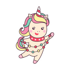 Cute Christmas kawaii character unicorn with lights isolated on white background.
