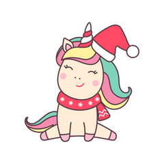 Christmas kawaii character unicorn in santa claus hat isolated on white background.