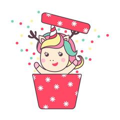 Cute Christmas kawaii character unicorn in gift box with confetti isolated on white background.