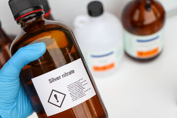 Silver nitrate in glass, chemical in the laboratory and industry
