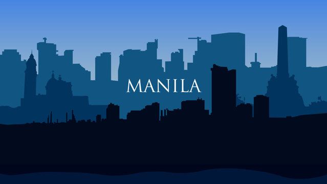 The Flat Silhouette Of City Manila In Blue Shadows