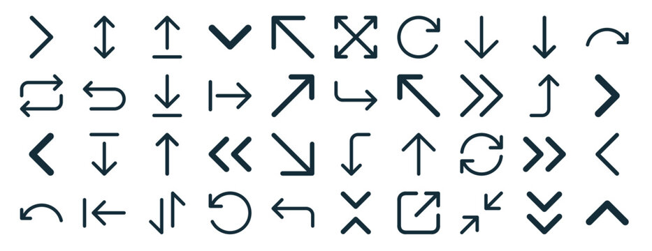set of 40 outline web arrows icons such as up and down arrows, repeat, angle left, arrow left, turn up, right arrow, maximize icons for report, presentation, diagram, web design, mobile app