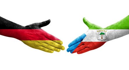 Handshake between Equatorial Guinea and Germany flags painted on hands, isolated transparent image.