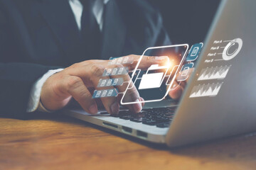 Hand with document icons and typing to laptop computer, Online documentation database and document management system concept. Process automation to efficiently manage files.