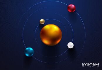 Shiny metallic spheres orbit around center ball on dark blue background. Science or education futuristic abstract design. Solar system circle tech style vector illustration - obrazy, fototapety, plakaty