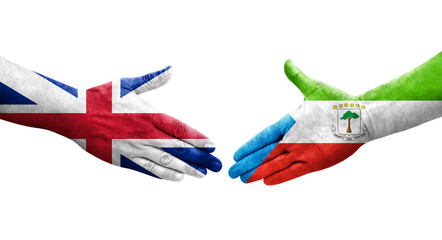 Handshake between Equatorial Guinea and Great Britain flags painted on hands, isolated transparent image.