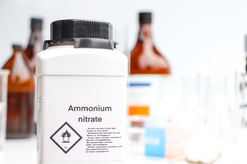 Ammonium nitrate in bottle, chemical in the laboratory and industry