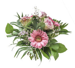 Beautifil flowers bouquet with green leaves and pink flowers, isolated on transparent background