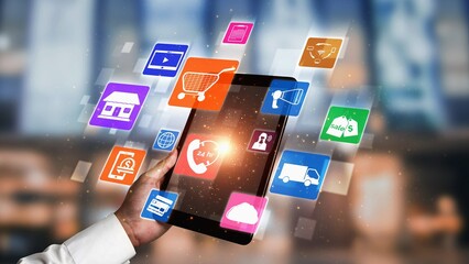Omni channel technology of online retail business approach. Multichannel marketing on social media...