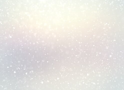 Winter Airy White Pearlescent Background Decorated Light Falling Snow. Fluffy Snow Flakes Blur Textured Pastel Backdrop.