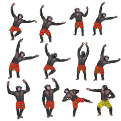 chimpanzé, groupes, attitude, mouvement, gesticule, tropique, en short rouge, habillé, debout, singe, expression, mammifère, jardin zoologique, illustration, animal, fourrure, bonobo, nature, sauvage,