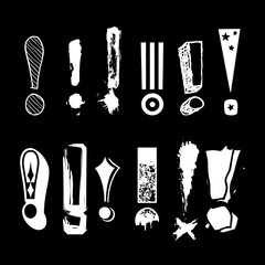 Set of grunge, bold, rough exclamation marks or points. Collection of white emphasis punctuaction marks isolated on black background.