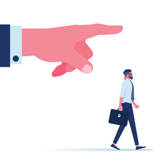 Big hand controlling blindfolded businessman walk forward, business control or puppet