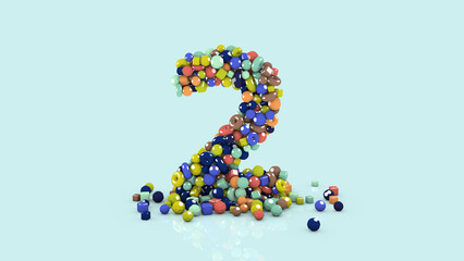 3D illustration from colored objects, colorful number two, from falling shapes