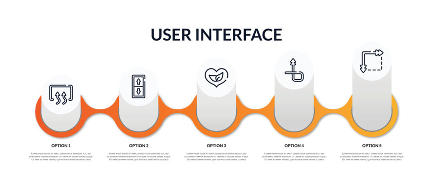 Set Of User Interface Outline Icons With Infographic Template. Thin Line Icons Such As Rear Window Defrost Thin Line, Lift, Ecologic Heart Thin Line, Up Arrow With Scribble Size Vector.