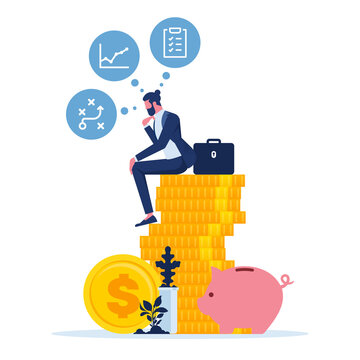 Businessman sitting on stack of coins and research market and search solutions and strategies during financial and economic crisis to avoid bankruptcy and ways of company business recovery