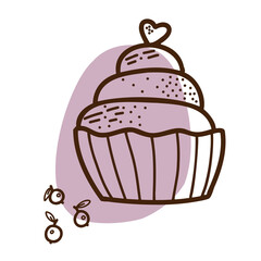 Berries cupcake with color spot, doodle illustration, 
icon on the white background