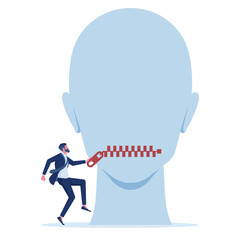 Businessman uses zipper to seal the giant's mouth, no speaking or shut up concept © treety