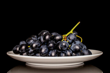 One sprig of juicy black grapes in a white ceramic plate, macro, isolated on black background.