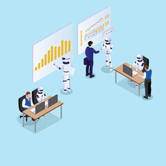 Business people teaming up with robot to do stock or crypto trading isometric 3d vector illustration concept for banner, website, illustration, landing page, flyer, etc.