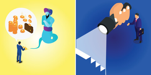 Man asking for wealth from a Genie isometric 3d vector illustration concept for banner, website, illustration, landing page, flyer, etc.