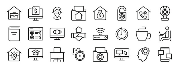 Obraz na płótnie Canvas set of 24 outline web work from home icons such as home office, report, home address, folder, income, do not disturb, phone call vector icons for report, presentation, diagram, web design, mobile
