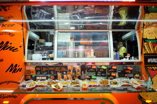 Counter Of Mini Mobile Food Trailer With Fast Food Put Up For Sale, Pick Up Drop Off Window. Berezovka, Ukraine