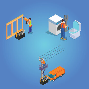 Electric technician, home renovation and plumbing service isometric 3d vector illustration concept for banner, website, illustration, landing page, flyer, etc.