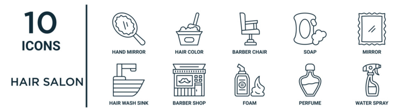 Hair Salon Outline Icon Set Includes Thin Line Hand Mirror, Barber Chair, Mirror, Barber Shop, Perfume, Water Spray, Hair Wash Sink Icons For Report, Presentation, Diagram, Web Design