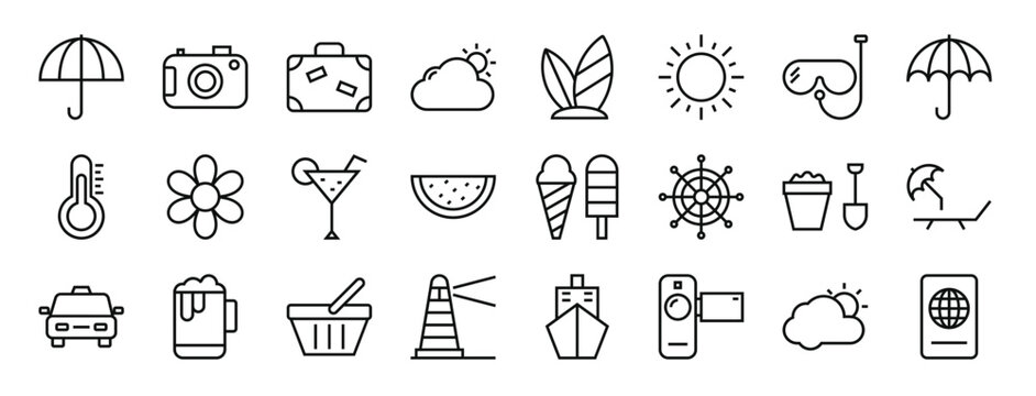 Set Of 24 Outline Web Summer And Travel Icons Such As Open Umbrella, Photo Camera, Suitcase, Weather Forecast, Suroard, Sun, Scuba Diving Vector Icons For Report, Presentation, Diagram, Web Design,