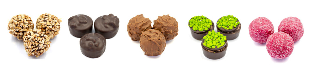 Chocolate praline. Assorted chocolates isolated on a white background. close up