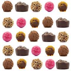 Chocolate praline. Assorted chocolates isolated on a white background. close up