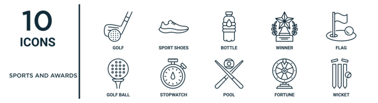 Sports And Awards Outline Icon Set Includes Thin Line Golf, Bottle, Flag, Stopwatch, Fortune, Wicket, Golf Ball Icons For Report, Presentation, Diagram, Web Design