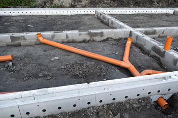 New Installed pipework system. Sewer Line developed and mounted on the construction site. New...