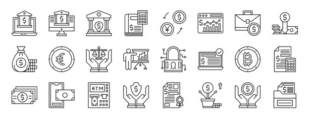 Obraz na płótnie Canvas set of 24 outline web banking and finance icons such as online banking, internet banking, location, accounting book, money exchange, analytics, briefcase vector icons for report, presentation,