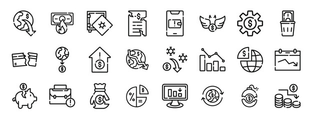 Fototapeta na wymiar set of 24 outline web recession icons such as world, money waste, empty safebox, bank, payment warning, economic crisis, money management vector icons for report, presentation, diagram, web design,