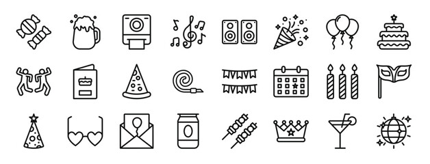 set of 24 outline web party icons such as candy, beer, instant camera, music, speaker, party, balloons vector icons for report, presentation, diagram, web design, mobile app