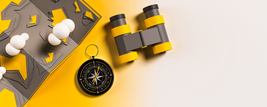 Map with clouds and compass and binoculars, choice of travel direction, 3d rendering