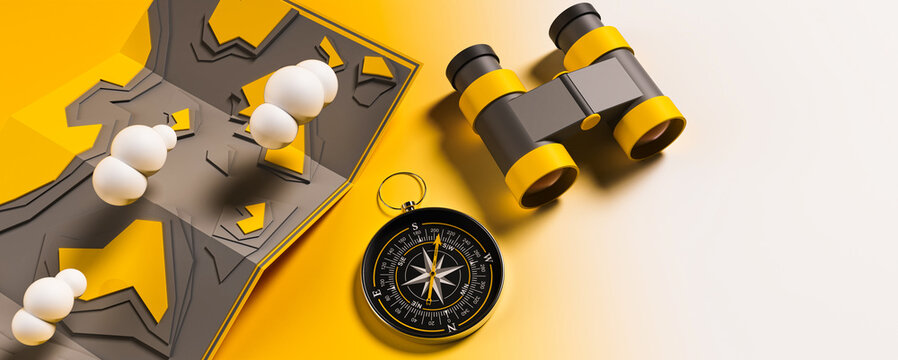 Map with clouds and compass and binoculars, choice of travel direction, 3d rendering