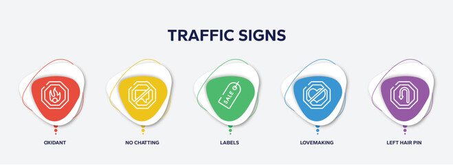 infographic element template with traffic signs outline icons such as oxidant, no chatting, labels, lovemaking, left hair pin vector.