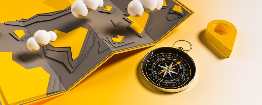 Map with clouds and compass and pin , choice of travel direction, 3d rendering