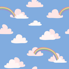 Clouds and rainbow seamless pattern vector illustration Blue sky background in pastel colors Childish flat cartoon style design for wrapping paper, textile, packaging