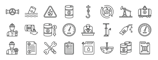 Fototapeta na wymiar set of 24 outline web petrol industry icons such as tap, pollution, flammable, oil price, hook, exploration, oil pump vector icons for report, presentation, diagram, web design, mobile app