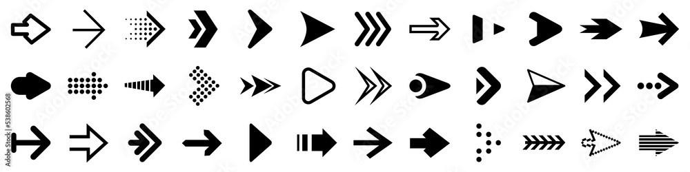 Poster Set arrow icons. Collection different arrows sign. Set different cursor arrow direction symbols in flat style. Black arrows icons – vector