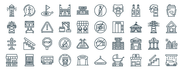 Obraz na płótnie Canvas set of 40 outline web wayfinding icons such as information, electric tower, directions, bar, high voltage, hot drink, no drinking icons for report, presentation, diagram, web design, mobile app