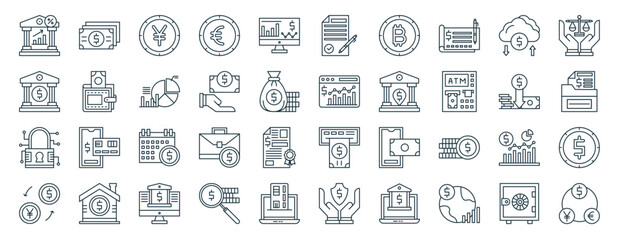 Obraz na płótnie Canvas set of 40 outline web banking and finance icons such as cash, bank, security, money exchange, decrease, justice, contract icons for report, presentation, diagram, web design, mobile app