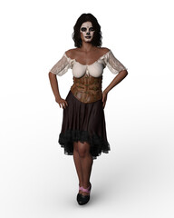 Naklejka premium 3D rendering of a beautiful Hispanic woman with face painted for the Day of the Dead holiday isolated on a transparent background.