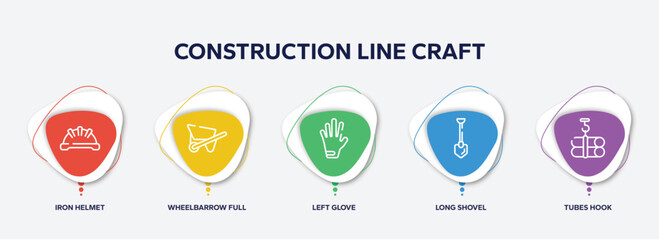 Fototapeta premium infographic element template with construction line craft outline icons such as iron helmet, wheelbarrow full, left glove, long shovel, tubes hook vector.