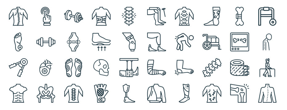 set of 40 outline web physiotherapy icons such as touch, aid, hand grip, body, x ray, walking stick, knee icons for report, presentation, diagram, web design, mobile app