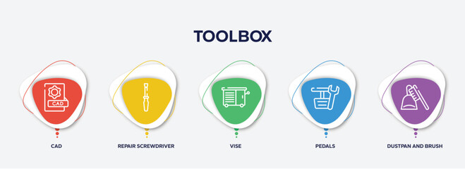 infographic element template with toolbox outline icons such as cad, repair screwdriver, vise, pedals, dustpan and brush vector.